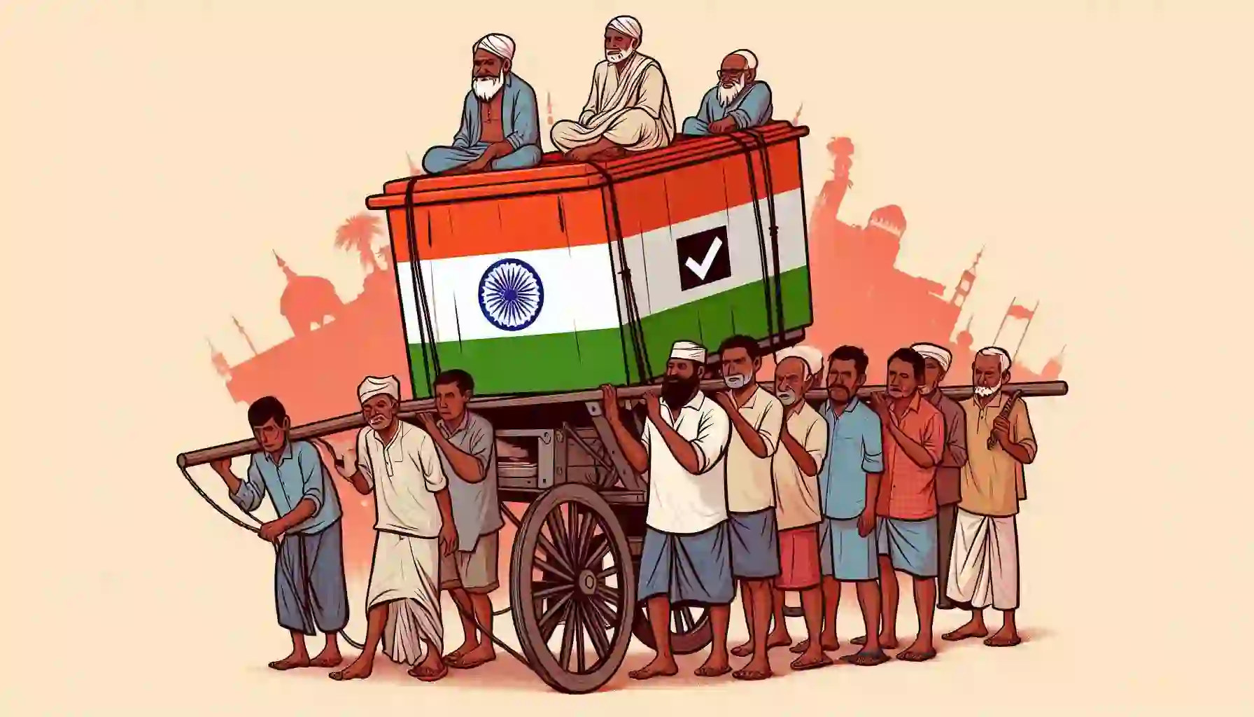 Illustrative image showing farmers carrying the voting system in india