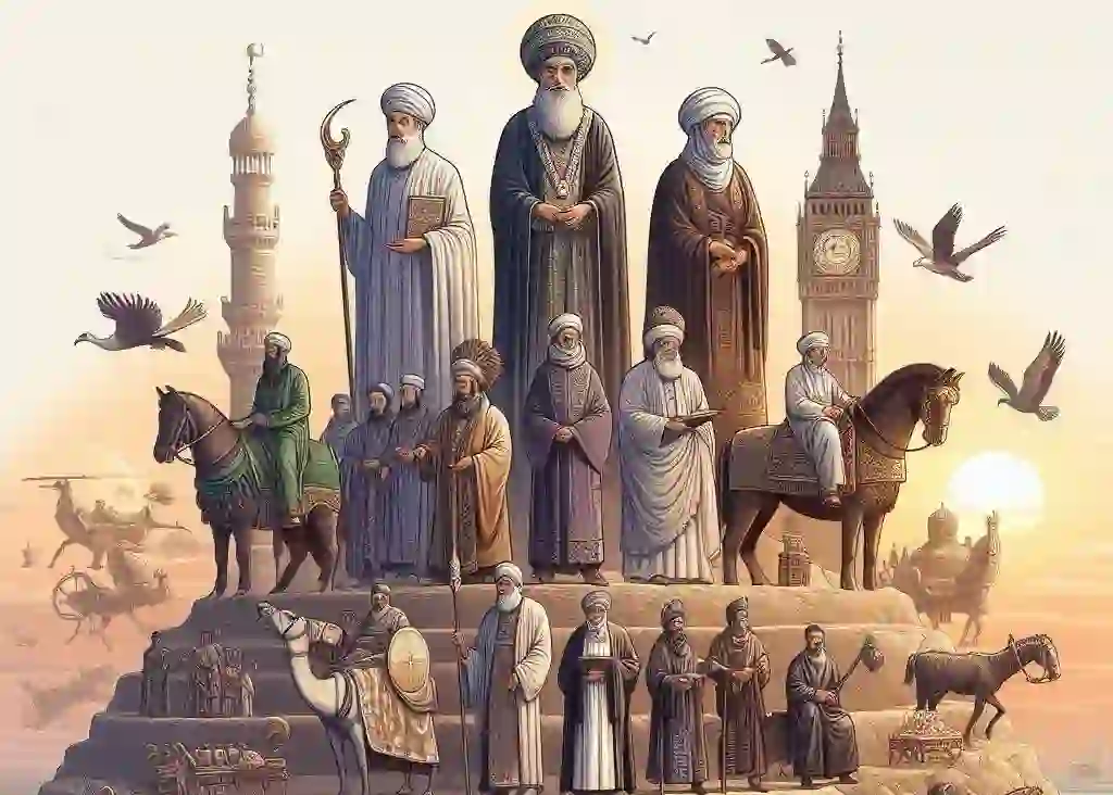 Image showing 3 ancient person standing showing history change in muslim era