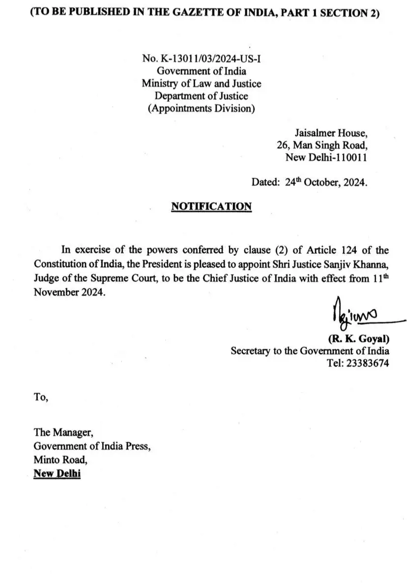 Illustrative image showing Appointment Letter for Justice Khanna